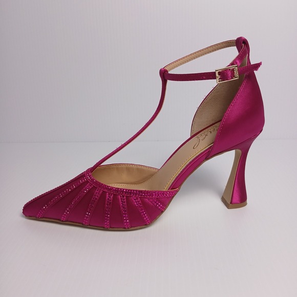 Jewel Badgley Mischka Mayra Fuchsia Pink Satin Crystal T-Strap Pumps Womens 6 - Picture 7 of 12